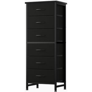 Sweetcrispy Tall Fabric Dresser for Bedroom, 6 Drawer Skinny Chest of Drawers, Narrow Storage Tower with Wood Top and Metal Frame, Vertical Nightstand for Closet, Bedroom Organization Furniture, Black