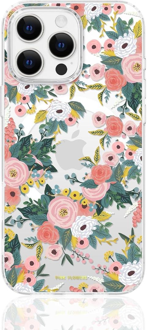 Clear Phone Case for iPhone 16 Pro Compatible with Magsafe, Spring Pink Flowers Design Magnetic Shock Proof Heavy-Duty Protection for Men Boys Women Girls