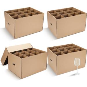 4 Pack Wine Glass Moving Boxes Kitchen Moving Boxes with Handle Kitchen Kit with Lid for Dish Glassware (Brown,20 x 15 x 12 Inches)
