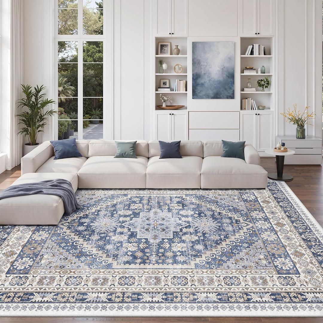 zesthome 8x10 Area Rugs for Living Room, Non-Slip Backing Washable Rugs, Vintage Large Area Rug, Stain Resistant Home Decor Rug (Blue/Beige,8'x10')