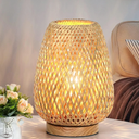 Rattan Table Lamp, Stepless Dimmable Small Beside Lamp, Vintage Wicker Wooden Nightstand Boho Bamboo Woven End Table Lamps for Bedroom Living Room Desk Kids Room, 2700K T45 LED Bulb Included