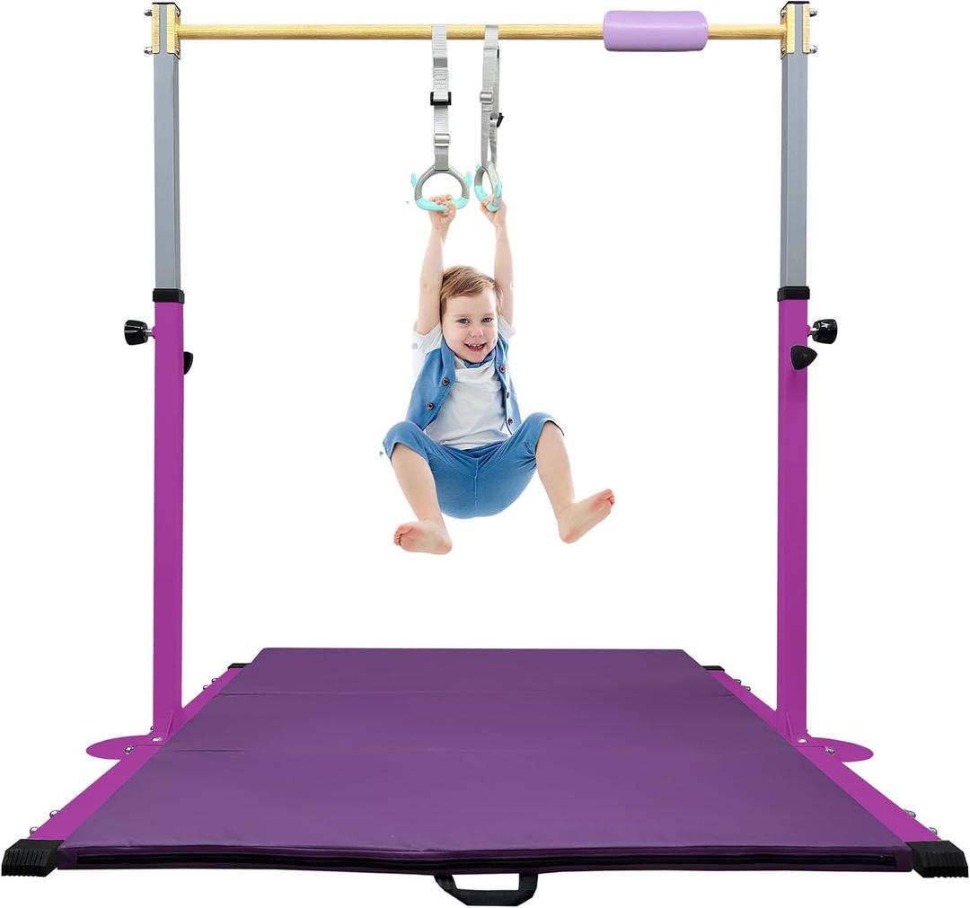 Adjustable Gymnastics Bar for Kids with Mat - Sturdy Kip Bar with Rings, Horizontal Bar for Home Training, 3'-5' Height, Ages 3-15, 250 LBS Capacity, Easy Assembly.