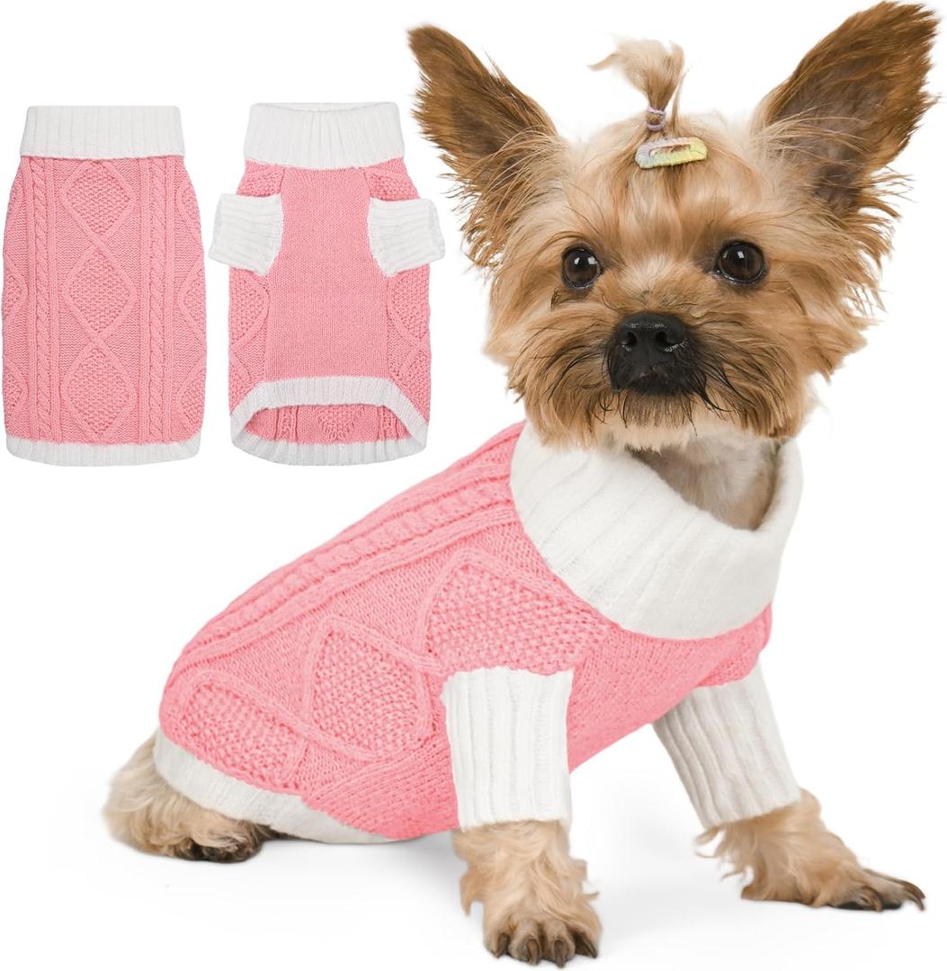 Dog Sweater for Small Dogs Argyle Cable Knit Turtleneck Pullover Winter Clothes for Boys Girls Stretch Chihuahua Yorkie Puppy Christmas Doggie Pet (S, Pink)