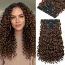 REECHO Curly Hair Extensions - 4PCS 18" GoGo Curly Clip in Hair Extensions 100% Super Protein Hairpieces with Invisible Lace Weft Silky Soft Natural Look for Women - Golden Brown