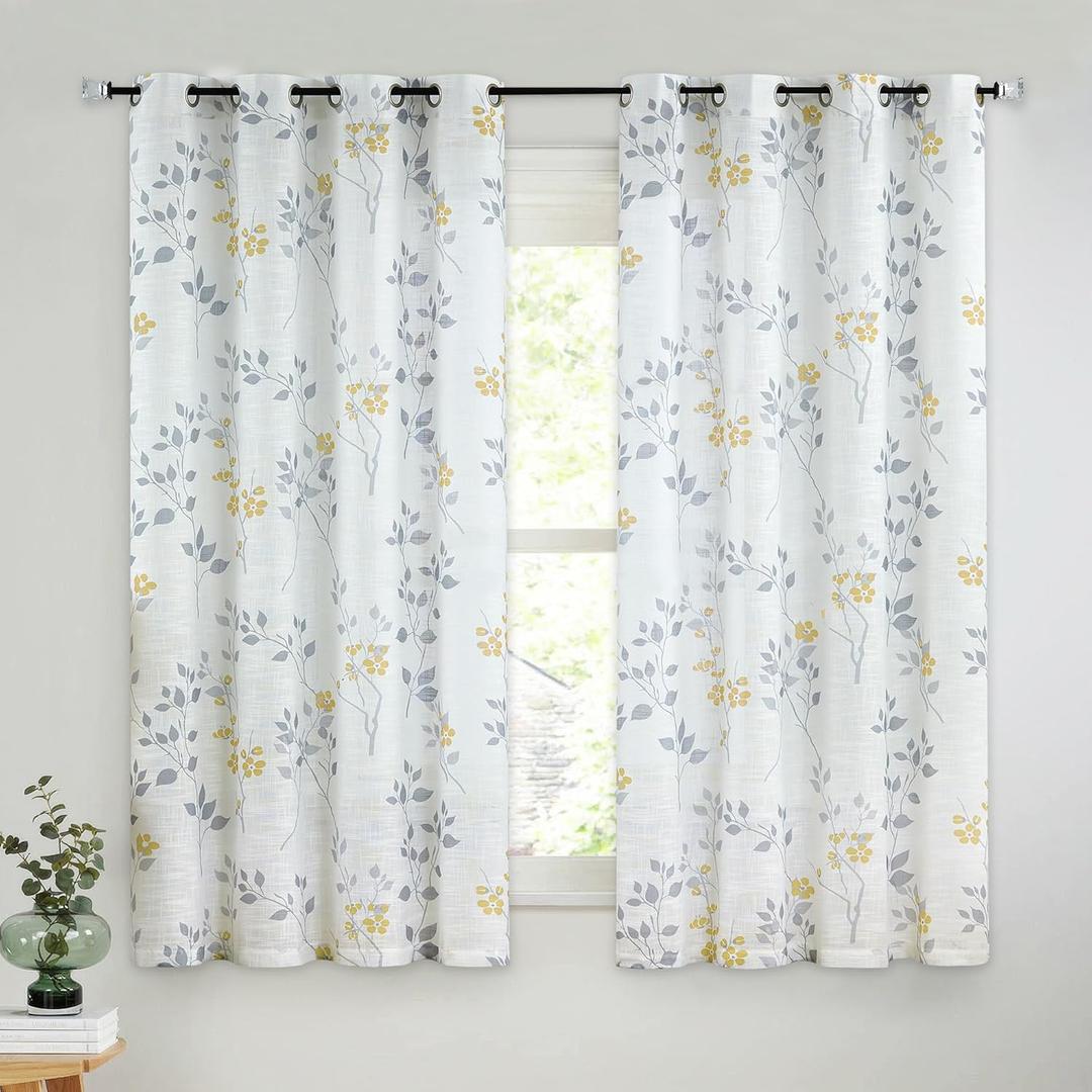 Beauoop Floral Linen Semi Sheer Curtains 54 Inch Length 2 Panels for Living Room Bedroom Yellow Grey Farmhouse Flower Patterned Light Filtering Textured Grommet Top Window Treatments Drapes, 50x54