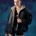 thesupermade Fur Hoodie Jacket Teen Zip Up Lined Thicken Denim Winter Fuzzy Streetwear Hooded Coat (L)
