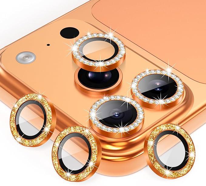 AGVEE 3+3 6 Pack for iPhone 17 Pro 6.3" / 17 Pro Max 6.9" Camera Lens Protector, Bling Diamond & Bling Glitter Metal Ring 9H Tempered HD Glass Camera Cover Film, BlingOrange