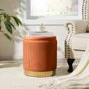 Royal Windsor Round Ottoman with Storage Set of 2, Vanity Stool with Storage for Bedroom, Ottoman Coffee Table Gold-Tone Ring Around the Base, Small Velvet Foot Stool for Living Room, Orange