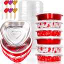 24-Pack Heart Shaped Cake Pans with Lids - 23oz Aluminum Foil Pans for Valentine's & Mother's Day, Red & White