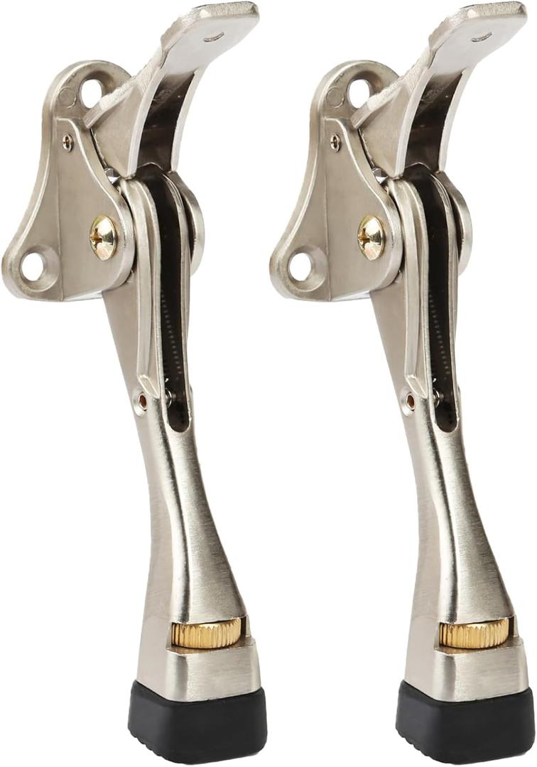 Kickdown Door Stopper 4 Inches - 2 Packs One Touch Adjustable Height Door Stop for The Bottom of Door Aluminum Alloy Metal Door Stopper with Rubber Tip & Wall Protectors for Wide Doors Satin Nickel