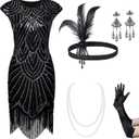 BABEYOND 1920s Flapper Dresses Set 20s Great Gatsby Dress 1920s Fringed Dress with Accessories Set (X-Large)