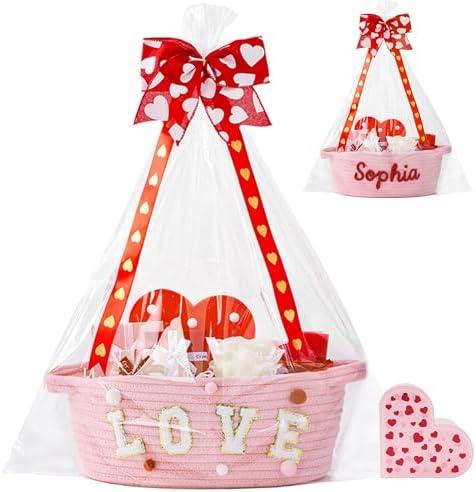 InfiBay Valentines Day Basket, Valentines Gift Baskets Empty, Woven Rope Pink Baskets with Handle, Ribbon, Row Decor, Personalized Monogrammed Woven Basket, Valentine Storage Baskets for Him Her