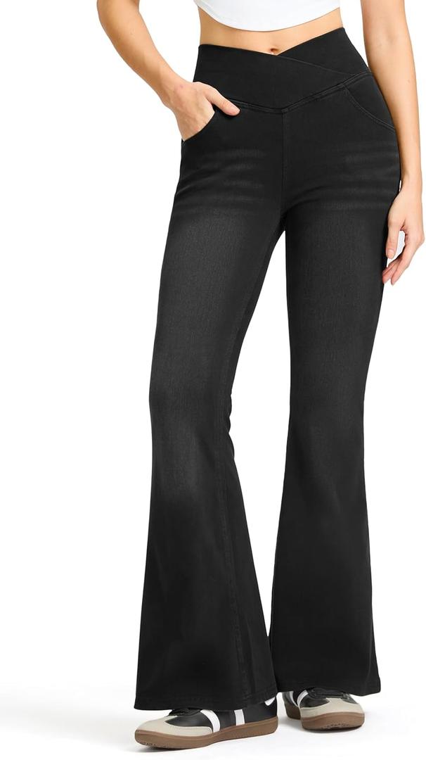 Rammus Flare Jeans for Women Crossover High Waisted Bell Bottom Jeans Trendy Yoga Pants Stretchy Flare Leggings with Pockets (Large, Black Claw Marks)