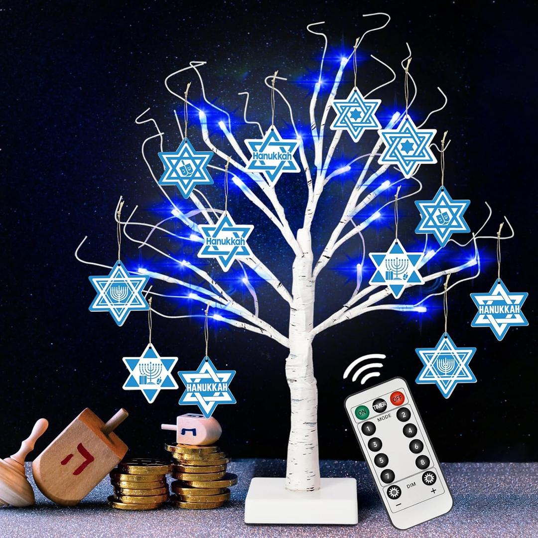 [Timer] 24'' Hanukkah LED Lighted Birch Tree with 12pcs Ornaments,8 Lighting Modes Blue Lights Tabletop Pre Lit Tree Light for Christmas Hanukkah Decor