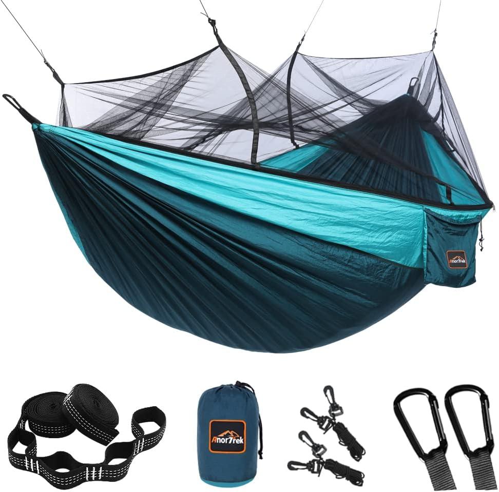Camping Hammock with Mosquito Net, Double & Single Lightweight Portable Hammocks with Tree Straps, Parachute Hammock for Camping, Backpacking, Blue (Single 102"L x 55"W)