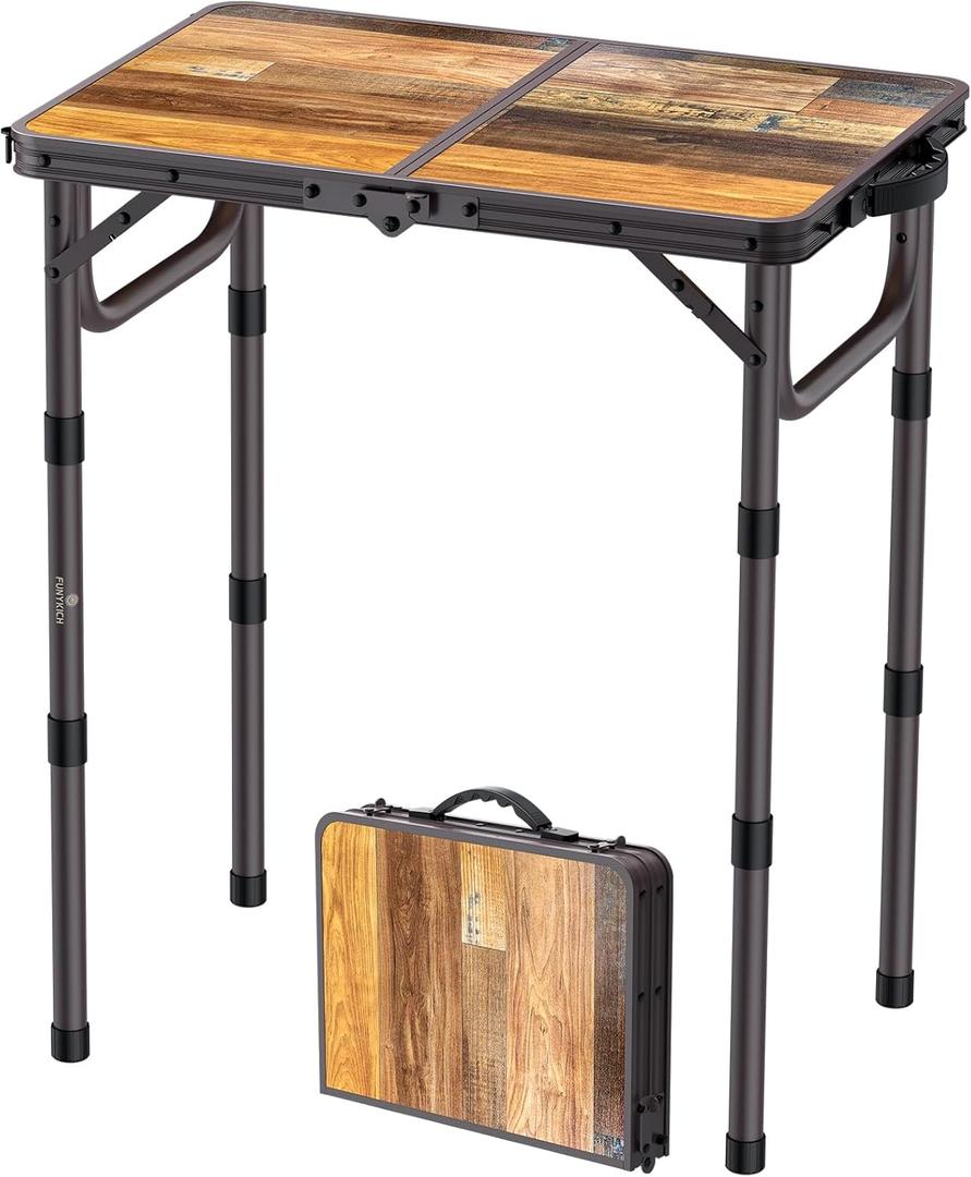 FUNYKICH 2ft Small Folding Camping Table(22.8'' Lx15.7'' W), 3 Height Adjustable Portable Picnic Table, Lightweight Aluminum Outdoor Table with Carry Handle for Camping, BBQ, Beach, Picnic, Brown