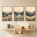 Large Boho Wildflower Framed Canvas Wall Art,Vintage Mountain Wall Decor,Nature Floral Prints,Rustic Daisy Landscape Artwork for Living Room,Bedroom,Dining Room -24"x36"x3