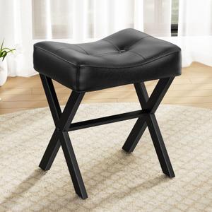 18-Inch Leather Vanity Stool Chair, Vanity Bench with Metal X-Leg, Ottoman Foot Stool with Thick Padded Saddle Seat, Black (Small)