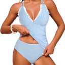 ZAFUL Womens Tankini Bathing Suits Modest Two Piece Swimsuit Smocked Push Up Slimming Tankinis with High Waisted Full Coverage Bottom Sexy Adjustable Straps Ruched Tummy Contro Swimwear Blue Striped L