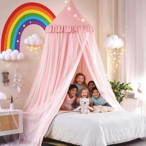 Kertnic 31.5inch Large Dome Bed Canopy for Girls, Double Layer Dreamy Ruffle Princess Canopy, Bedroom Hanging Tent Kids Reading Nook Canopies,Full Queen Bed Canopy Curtain (Beige Pink)