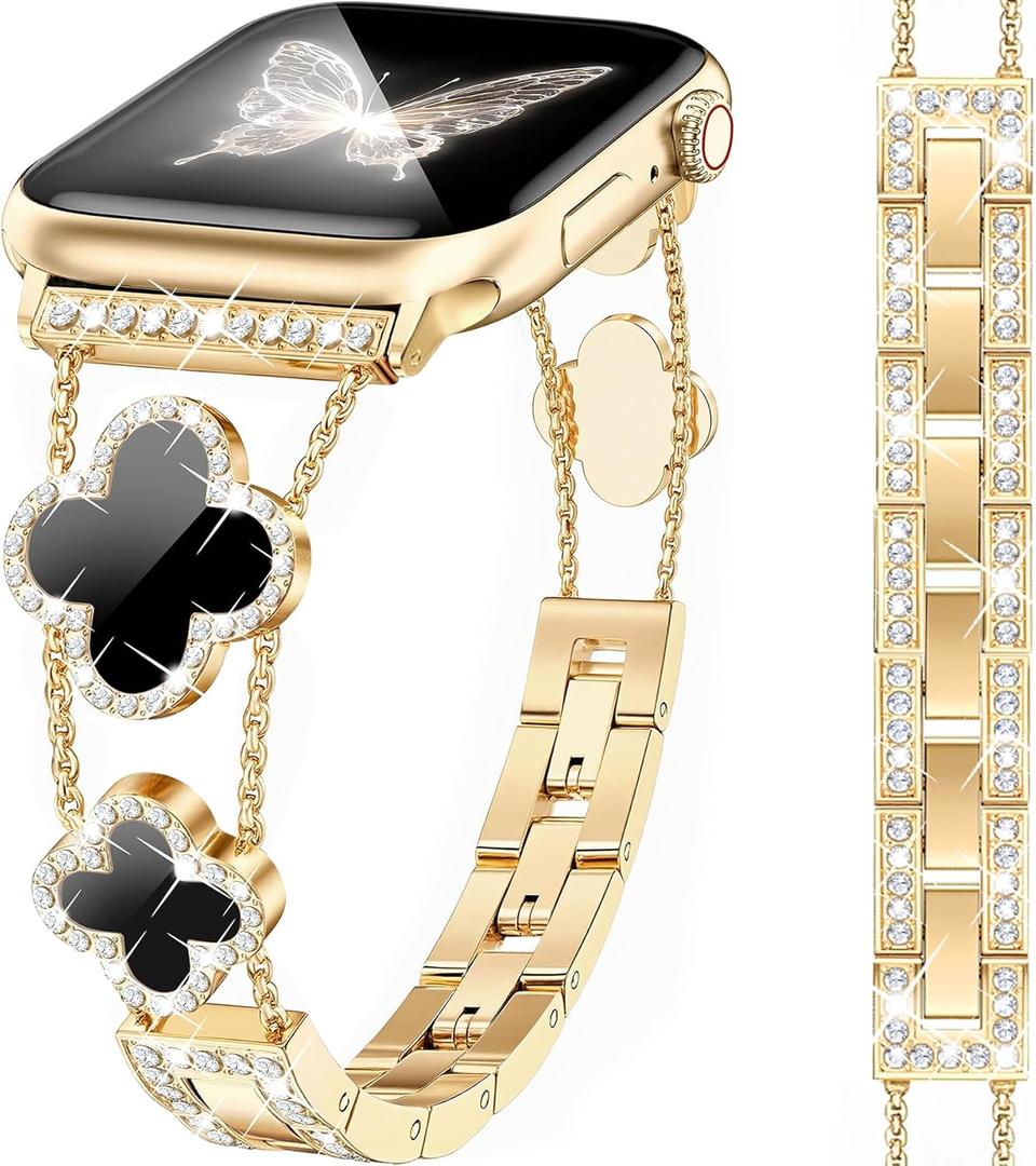 MOINSPIRE Gold Bling Diamond Clover Bands Women Compatible with Apple Watch 42mm(S3/2/1) 44/45/46/49mm Lucky Cute Sparkle Dressy Bracelet Metal Strap for iWatch Series 11/10/9/8/7/6/5/4/SE/Ultra 3/2/1