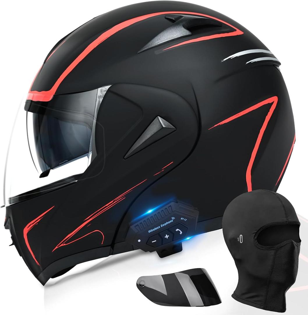 Motorcycle Bluetooth Modular Helmet, DOT Approved Dual Visor Full Face Flip Up Bluetooth Integrated Motorcycle Helmet for Adults Men and Women (Red,X-Large)