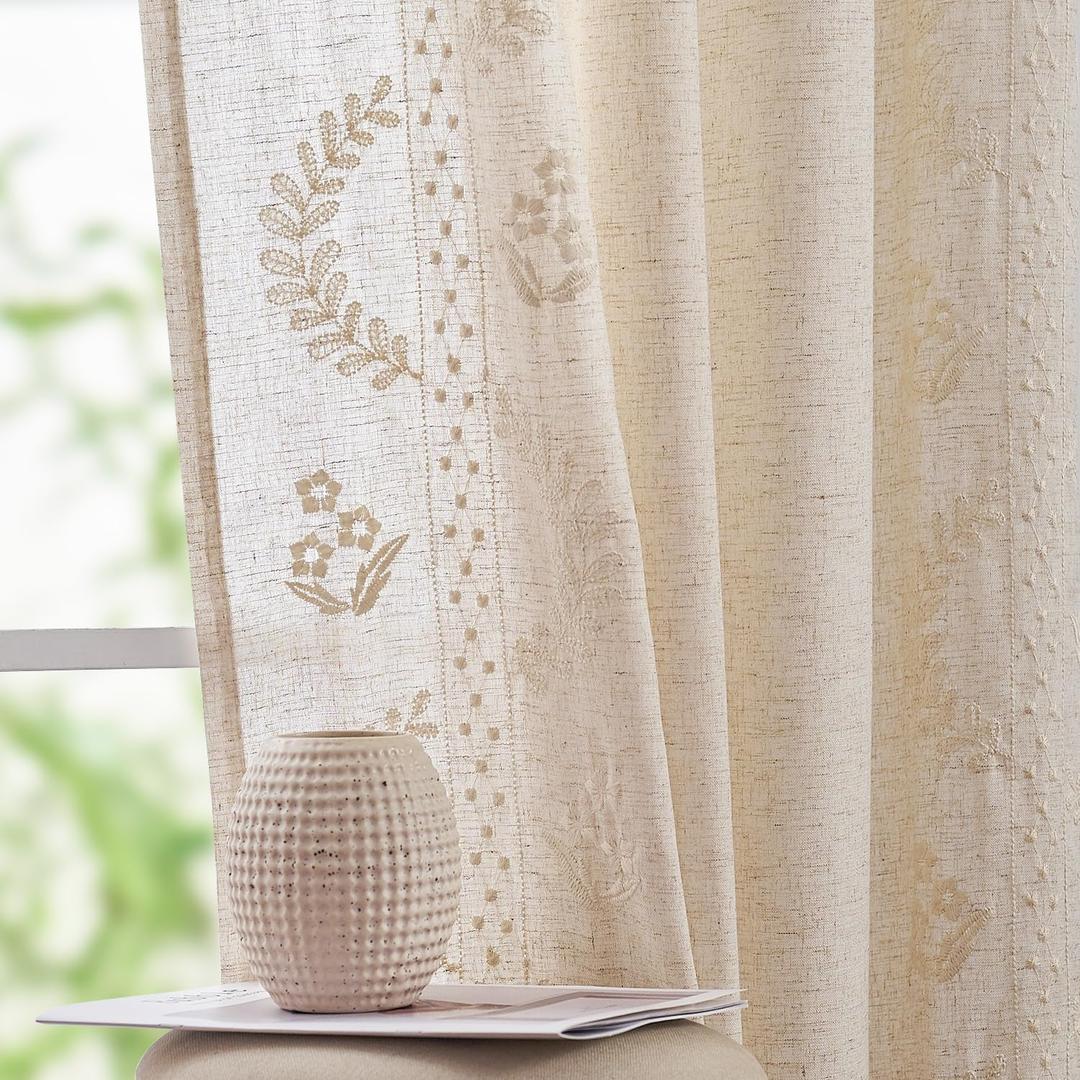 jinchan Belrose Linen Curtains for Bedroom Floral Curtains 96 Inch Length Linen Blend Ivory Embroidered Drapes Farmhouse Flower Patterned Drapes for Living Room Window Treatments Set 2 Panels