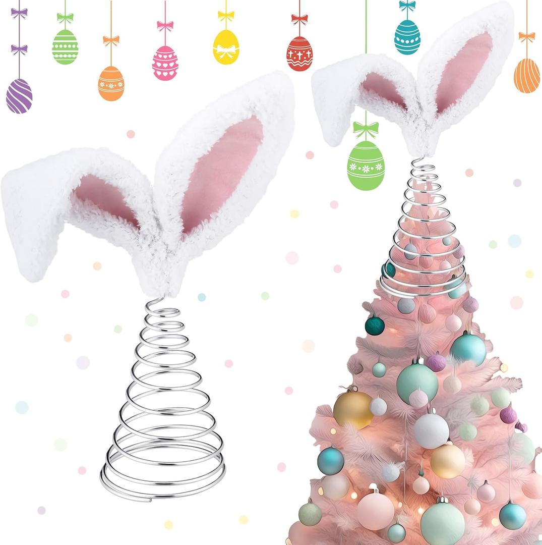 Poen Easter Tree Topper with Bunny Ears Metal Spiral Bunny Ornaments Rabbit Christmas Tree Decor for Easter Holiday Decoration Spring Party Supplies(5.6 Inches)