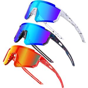 Polarized Kids Sunglasses, Youth Baseball Sunglasses for Boys Girls, Cycling Sun Glasses UV400 for Kids Ages 8-14 (3 Pack-Red/Orange+black/Blue+White/Blue)