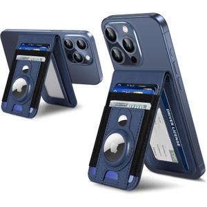 For Magsafe Wallet Stand with Airtag Holder, Strongest Magnetic Phone Wallet for iPhone 17/16/15/14/13/12 Series, ID Window, 4 Card Slots, 10 Cards Holder, Vegan Leather, RFID Blocking, Navy Blue