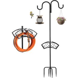 Double Shepherds Hooks for Outdoor, Upgraded Heavy Duty Bird Feeder Pole, Freestanding Hose Stand Adjustable Water Hose Holder with 5 Prongs Base, Thickened Garden Hooks for Outside Yard Lawn