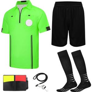 VKT Soccer Referee Kit Soccer Referee Shirt Jersey Shorts Ref Socks Whistle Red Yellow Card for Men & Women Halloween Costume, Size S