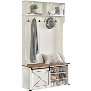 VASAGLE Hall Tree with Bench and Shoe Storage, Coat Rack with Shoe Bench, Entryway Furniture, 6 Tri-Hooks, Sliding Door, Farmfouse Style, Space Saving, Rustic White and Honey Brown UHSR442W01 (15.7"D x 41.7"W x 78.7"H)