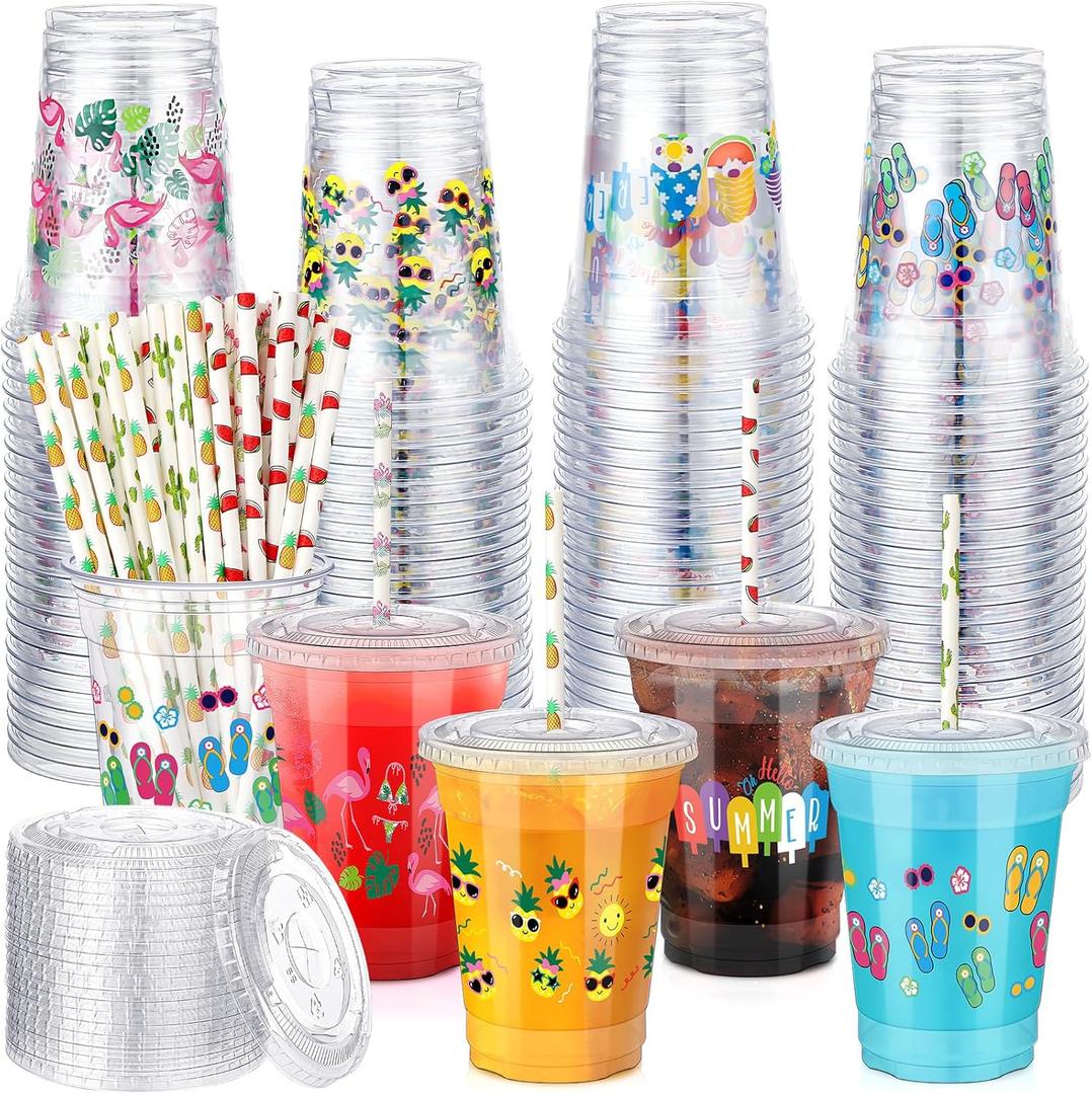 48 Pack 12 oz Hawaii Luau Cups with Lids and Straws Clear Disposable Pineapple Cups Tiki Tropical Palm Tree Flamingo Cups for Hawaiian Summer Beach Party,Tropics