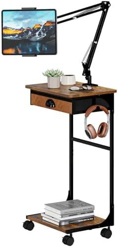 Floor Kindle Phone Tablet Stand with Drawer & Storage Shelves, Angle Height Adjustable Tablet Kindle Cell Phone Holder For Bed with Rotating Wheels, Compatible With 4.7"-13" Tablet iPone iPad Air Pro