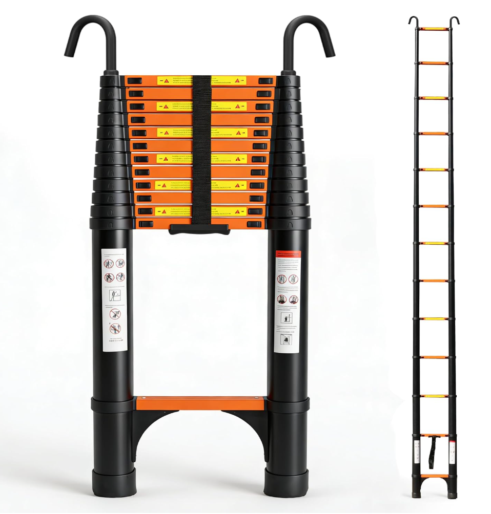 Telescoping Ladder 16.5 FT, Aluminum Extension Ladder with Hooks, BlackCollapsible Compact Design, Easy Carry and Space-Saving Storage, EN131 Certified, 330lbs Capacity