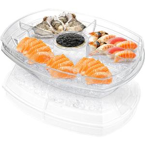 DEAYOU Ice Serving Tray for Party Food, Chilled Serving Platter Dish with 4 Compartments, 15" Flip-Lid Divided Serving Bowl for Appetizers, Fruits, Vegetables, Salads, Shrimp Cocktail, 2 Layers