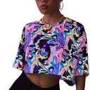 Floerns Women's Casual Reflective Short Sleeve Round Neck Crop Tops T Shirts L Multi