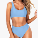 Tempt Me Women Black Two Piece Scoop Neck Bikini Crop Top Swimsuit Sporty High Waisted Bathing Suit Suit Medium,Light Blue