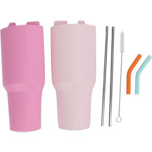 2in1 Drink Separator Silicone Liner, Reusable Dispenser Liner Stainless Steel Straws for 40oz Cup, Water Bottle Accessories for Party, Leisure, Outdoor, Office (Pinkish and Light Pinkish)