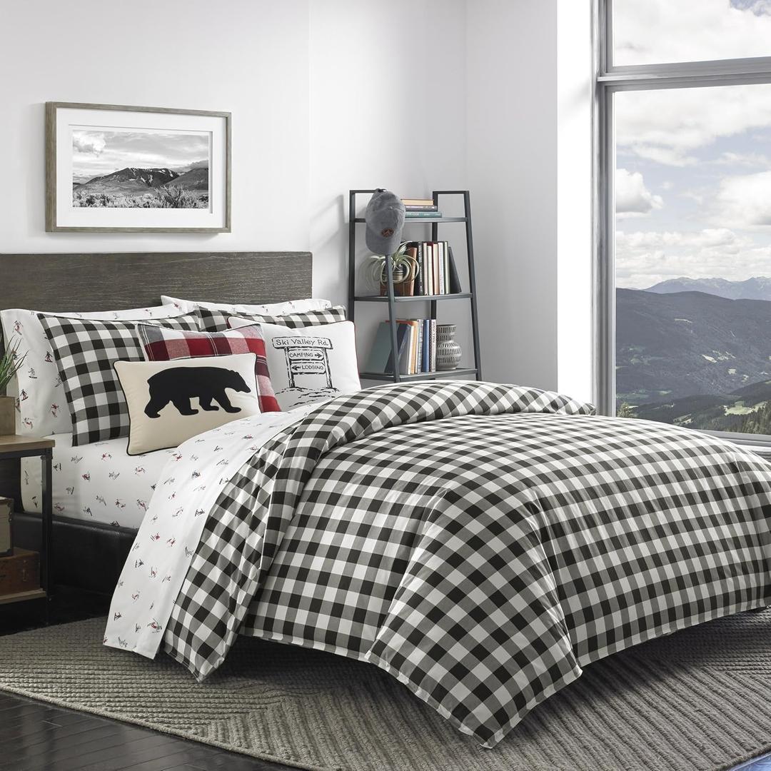 Eddie Bauer - Twin Comforter Set, Reversible Cotton Bedding with Matching Sham, Medium-Weight for Year Round Use, Dorm Essentials (Black Check)