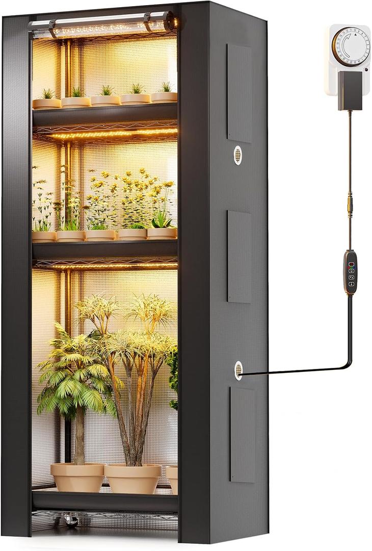 SPECILITE 4-Tier Plant Stand with Grow Tent Lights for Plant & Seed Growth 1680D High Reflective Cover, 10-Level Adjustable Full Spectrum 5000K LEDs, Adjustable Metal Greenhouse Frame Supports 250 Lbs, 59"L x 14"W x 59"H