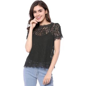 Allegra K Women's Lace Top Summer Floral Scalloped Trim Short Sleeve Semi Sheer Tops, M