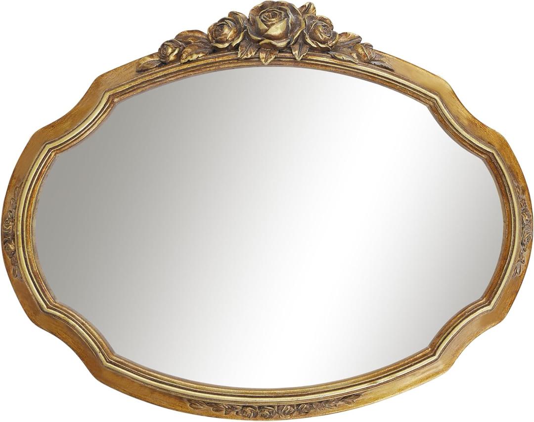 Vintage Gold Wall Mirror with Rose Floral Carvings, 17x13.5 Inches Oval Decorative Mirrors for Wall, Antique Style Vanity Mirror for Bedroom Living Room Bathroom Entryway Dcor