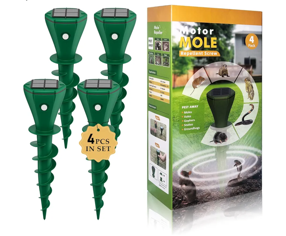 Solar Powered Mole Repellent for Lawns 4 Pack，IP65 Waterproof Mole Snake Repeller, Noiseless Design Vibrating Stake, Repels Outdoor Snakes Gophers Moles