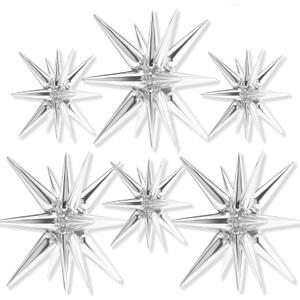 PartyWoo Metallic Silver Star Foil Balloons 6pcs Different Sizes Pack of 27 22 Inch Explosion Spike Mylar Balloons for Graduation Anniversary Bachelorette Engagement Birthday Party Decorations