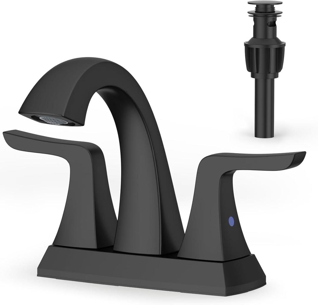 Matte Black Bathroom Sink Faucet - Rainsworth 4 inch Widerspread Bathroom Faucets for 3 Hole with 2-Handles Pop-up Drain, Touch on Morden Faucet for Vanity RV Bath (4 Inch, Matte Black)
