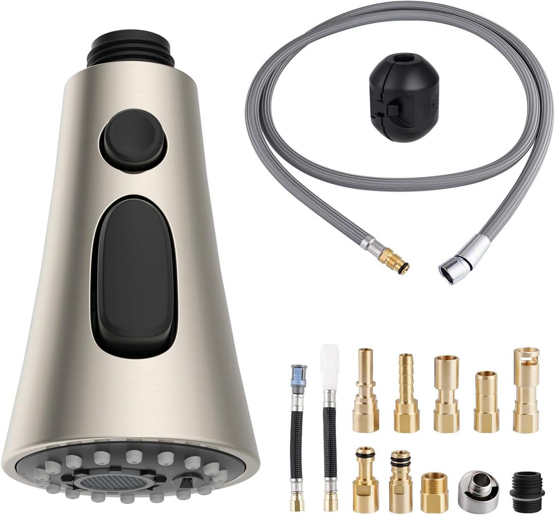 Kitchen Faucet Head Replacement Set Compatible with Moen/Delta/Kohler/Grohe/Hansgrohe, Pull Down 3 Function Kitchen Sink Sprayer Set, 67in Hose and 14.1oz Weight Ball, Brushed Nickel