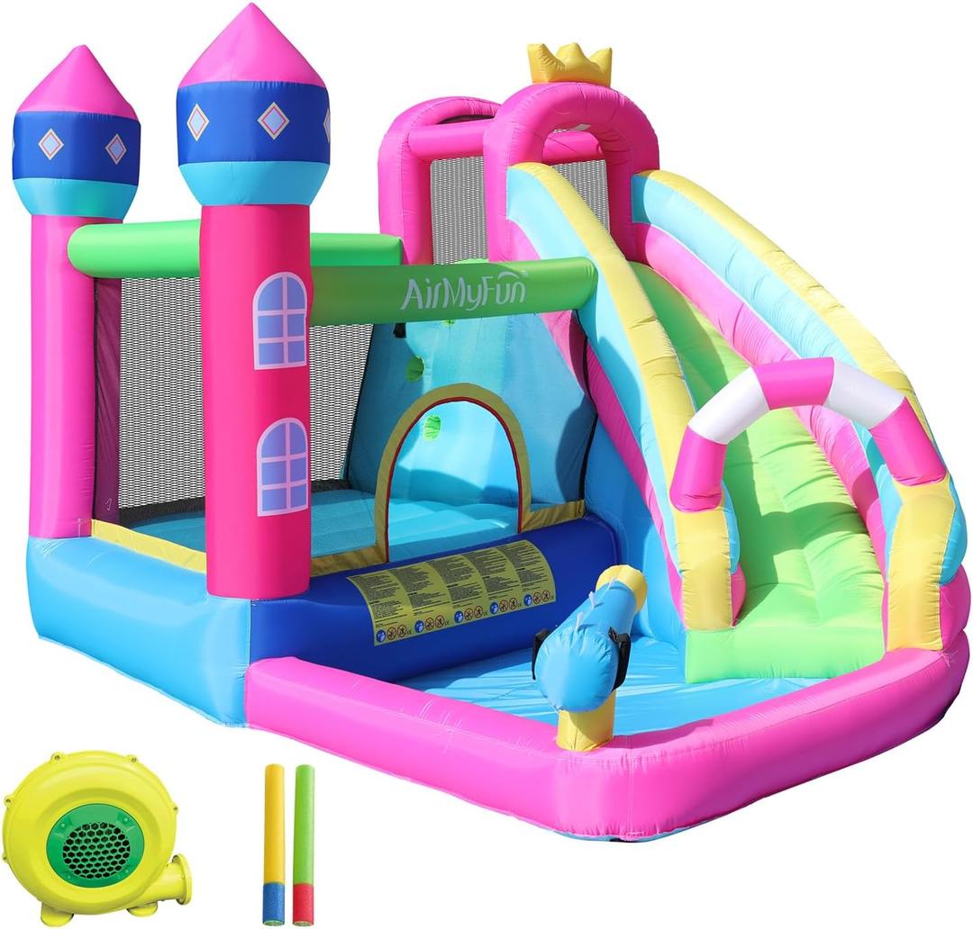 AirMyFun Inflatable Water Slide Pink Princess Bounce House for Big Kids 8-12 with Long Slide and Spray Water Gun for Kids Backyard Inflatable Bouncy Castle