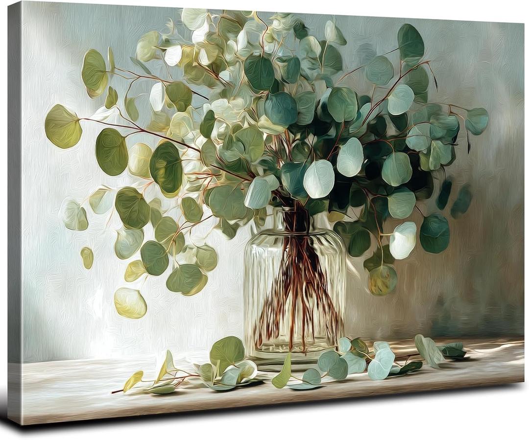 Nature Eucalyptus Canvas Wall Art for Kitchen Sage Green Wall Decor Mason Jar Green Leaf Bouquet Picture 16x24", Watercolor Botanical Posters Prints Painting Artwork for Living Room Home Decorations
